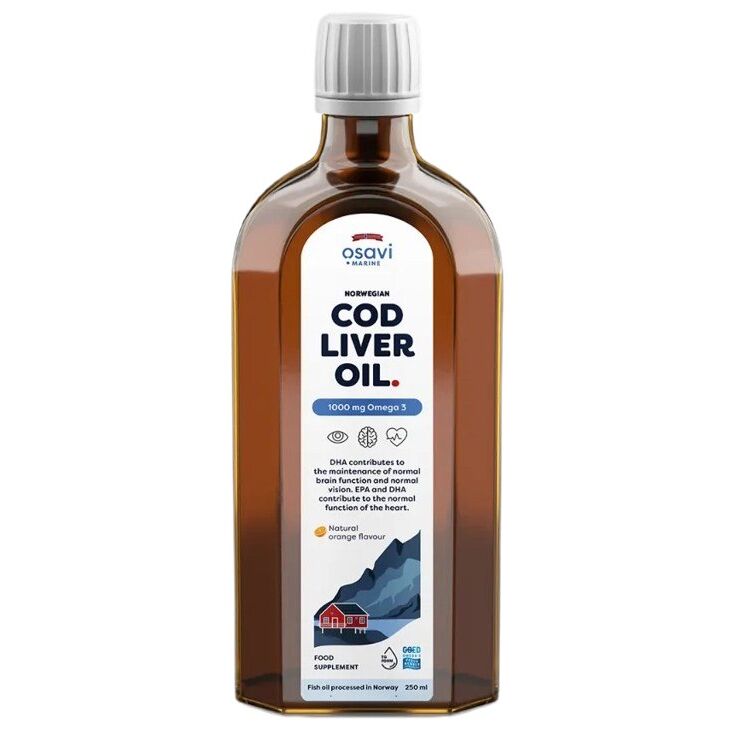 Osavi - Norsk Torskeleverolie 1000 mg Omega 3 med naturlig appelsinsmag, 250 ml