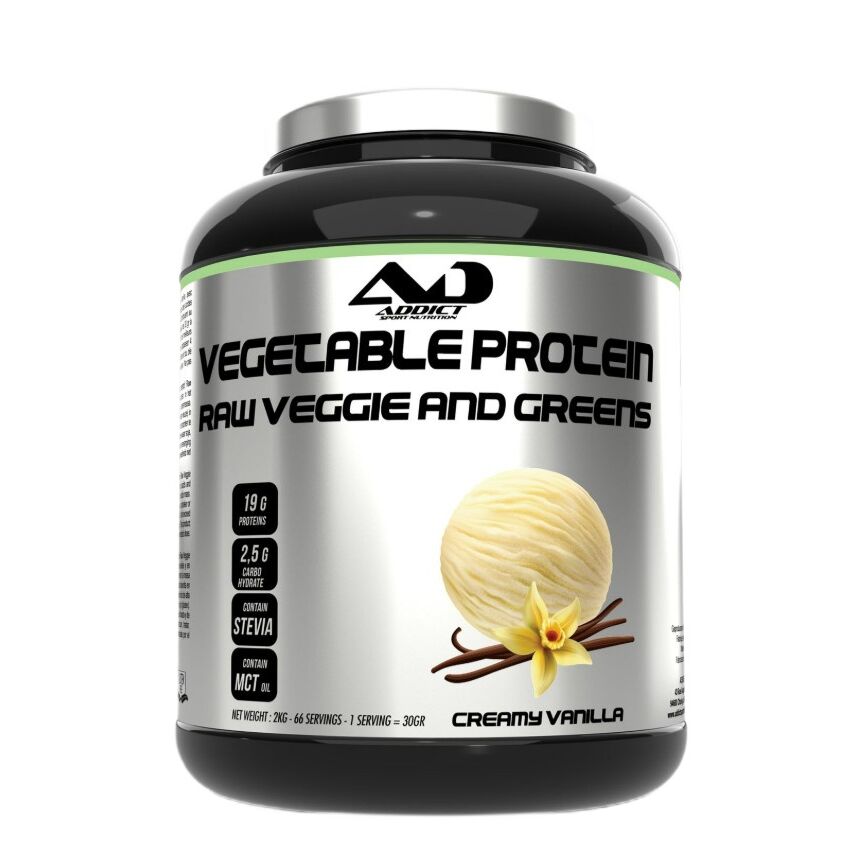 Addict Sport Nutrition - Grøntsagsprotein, rå grøntsager og grønne blade, kremet vanilje + 2000 g