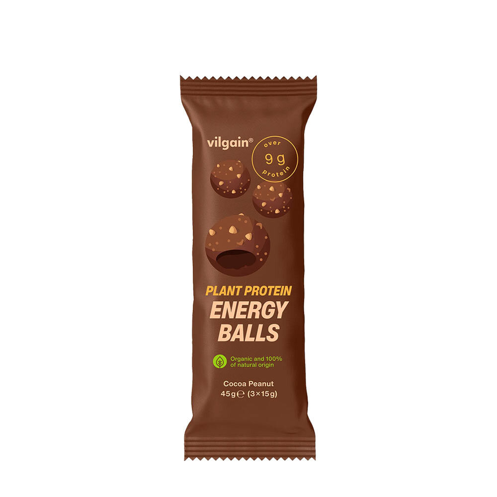 Bile energetice cu proteine vegetale Vilgain BIO cu cacao și arahide (45 g) - Viking Supplements