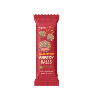 Bile energetice cu proteine vegetale Vilgain BIO cu căpșuni și nucă de cocos (45 g) - Viking Supplements